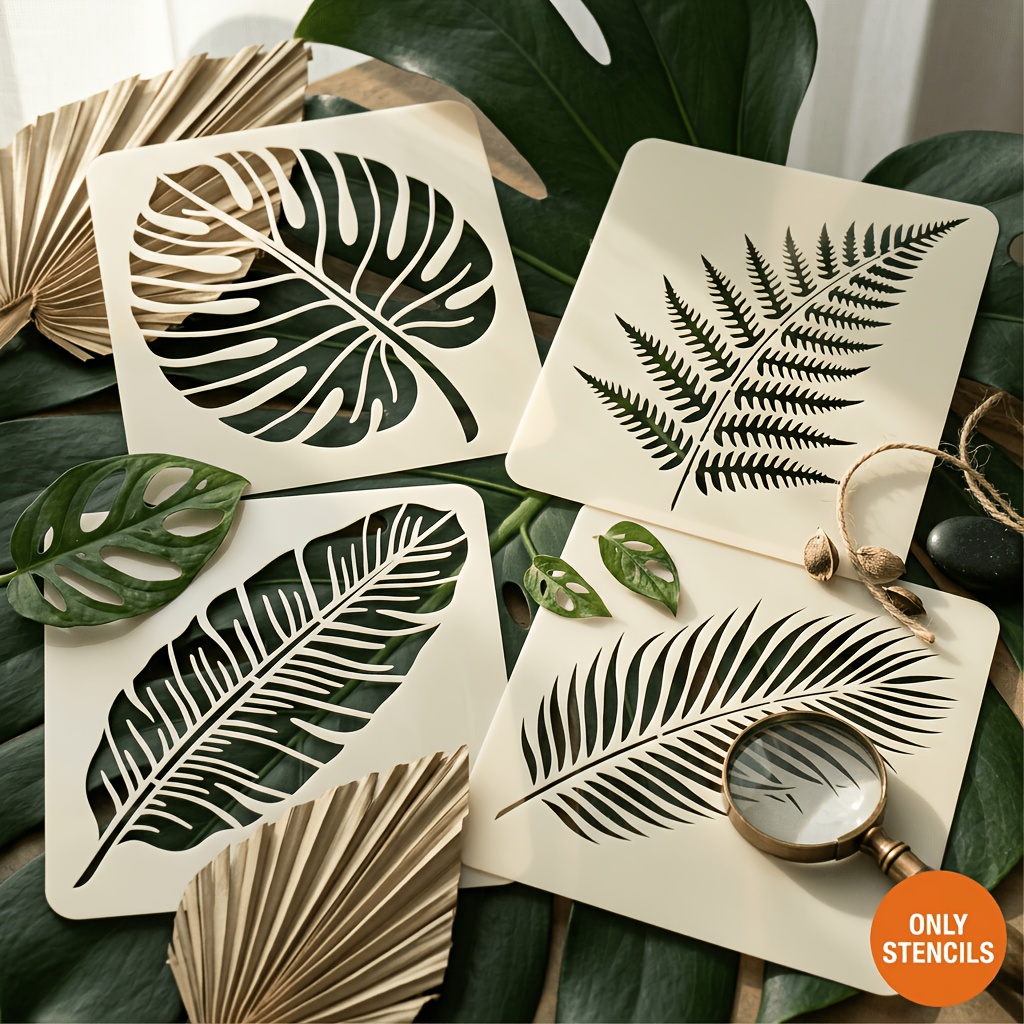 TEMU Pochoir à motif de feuille , lot de 4 pièces, réutilisable, grand motif pour peinture, artisanat, décoration, motif de feuille de carapace de
