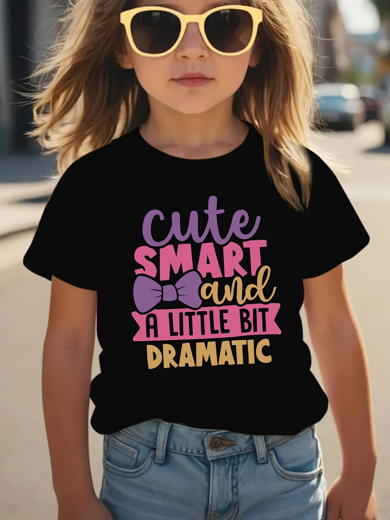 Girls' Short Sleeve T-Shirt with Dramatic Letter Print, Casual Top