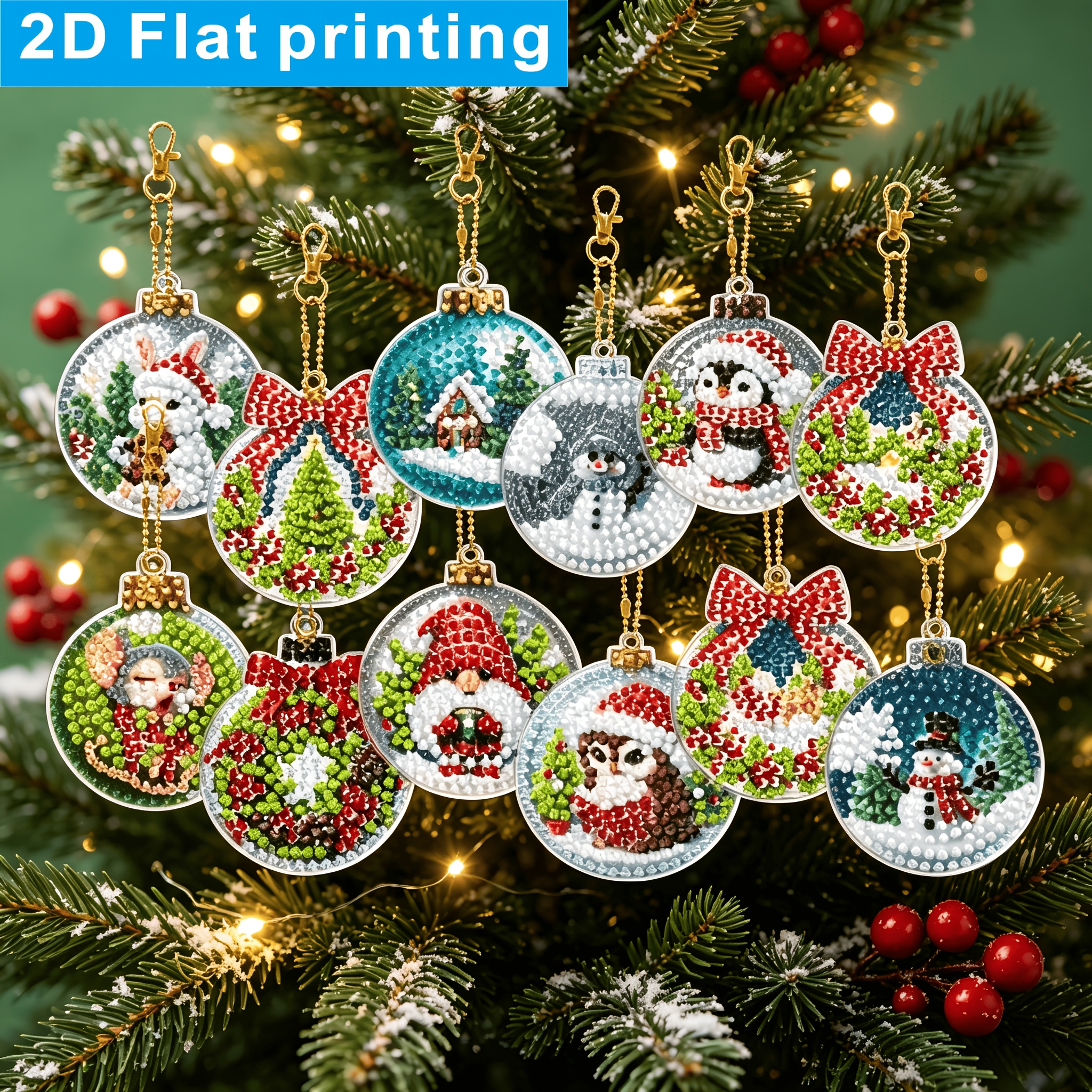 TEMU Lot de 12 porte-clés 2D/plats sur le thème de de cristal de Noël en art diamant, kit d'art diamant pour décoration de fêtes de Noël, porte-clés