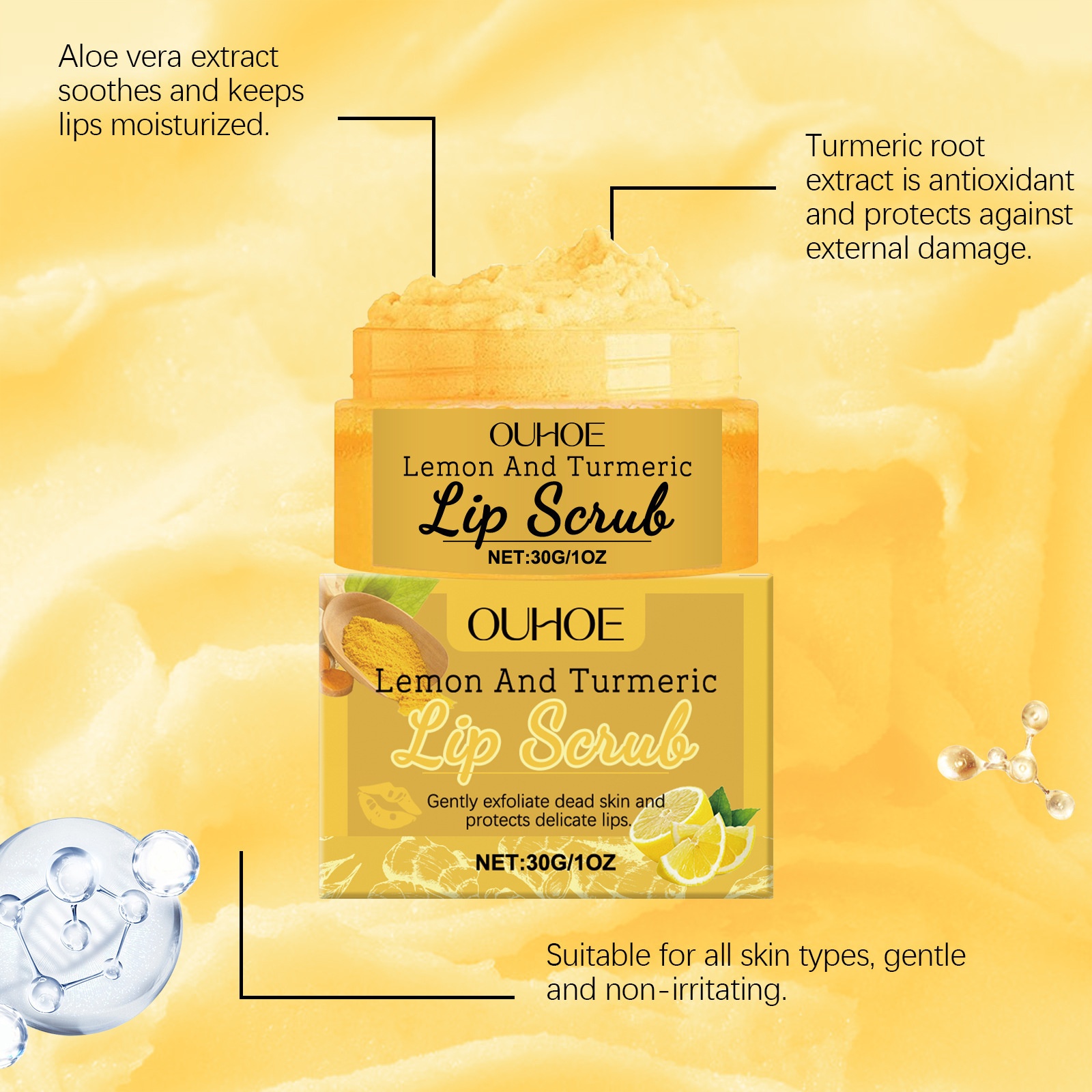Turmeric Lemon Lip Scrub, Containing Turmeric Root, Lemon Fruit, and Aloe Vera Extracts. The Formula Has a Gentle, Lightweight, and Fine Texture. This Deep-hydrating, Mildly Moisturizing Lip Scrub Exfoliates and Softens Lips While Cleansing the Skin.
