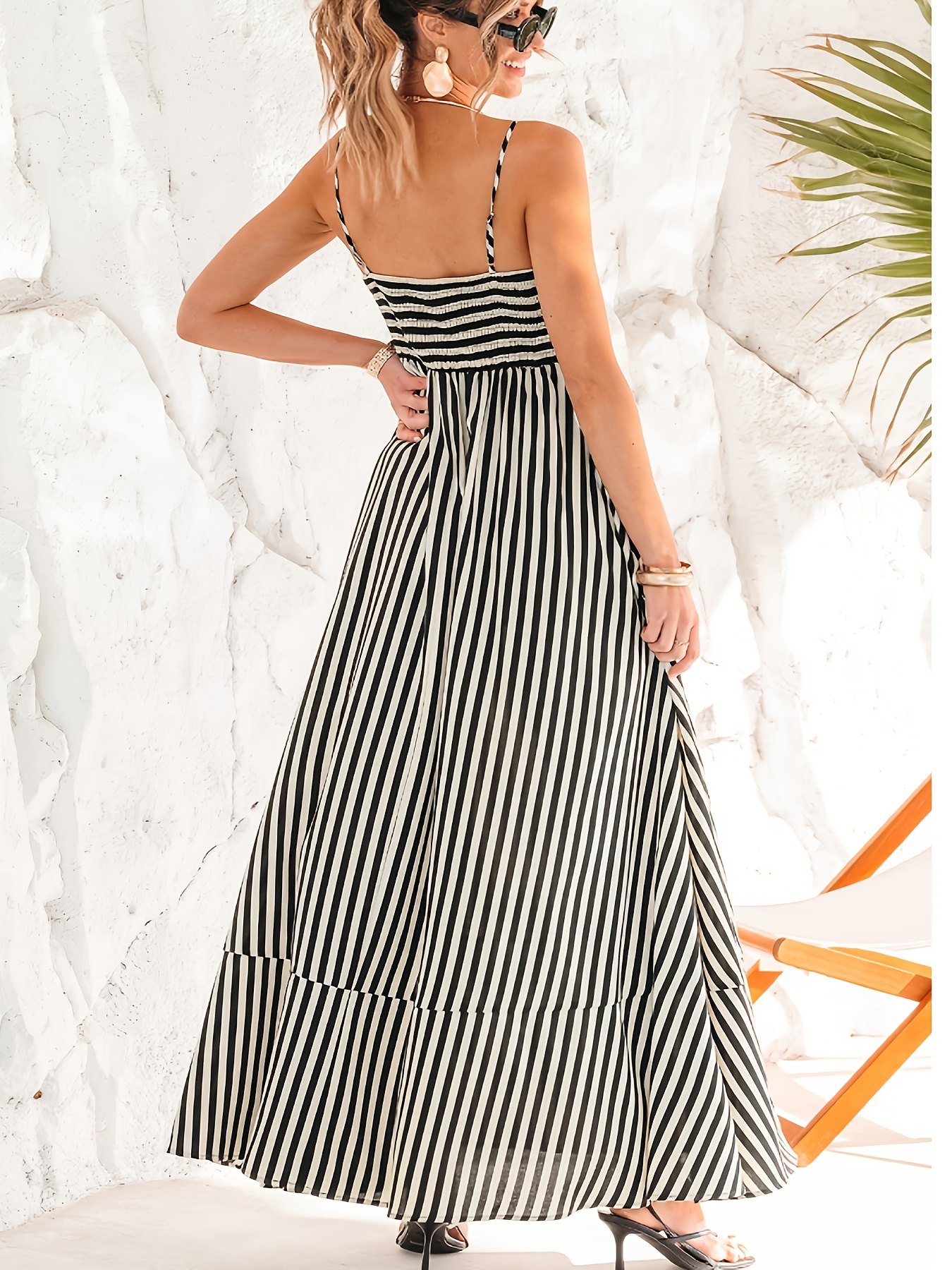 elegant black white striped long dress shoulder flared hem - Temu Mauritius