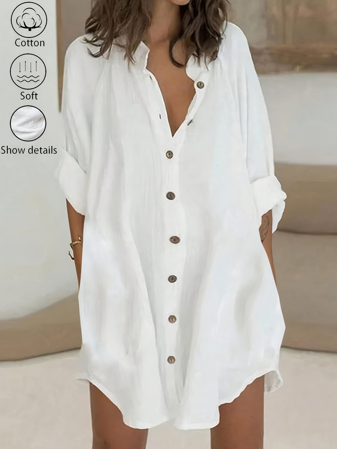 Women S Casual 100% Button- Collar Shirt Dress, Simple Solid Color Short Sleeve Mini Dress for Spring and Summer Workwear