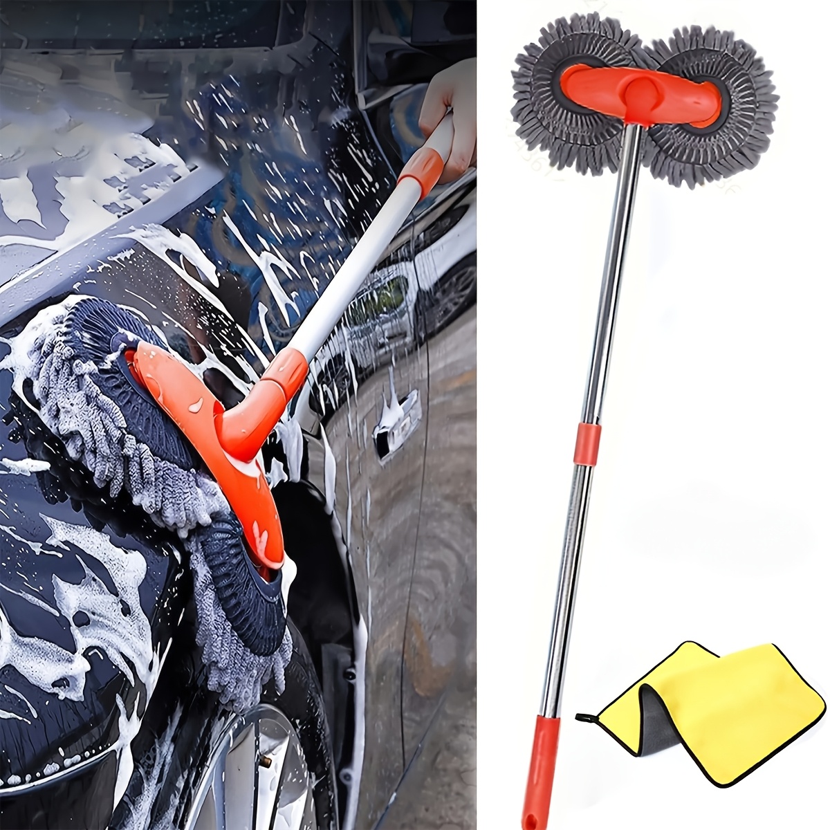 TEMU 2-in-1 Green Long Handle Car Wash Brush, Fiber, Car Wash Mop Kit, No Power Supply, No Battery, External Cleaning Tool For Car Care, Suitable For