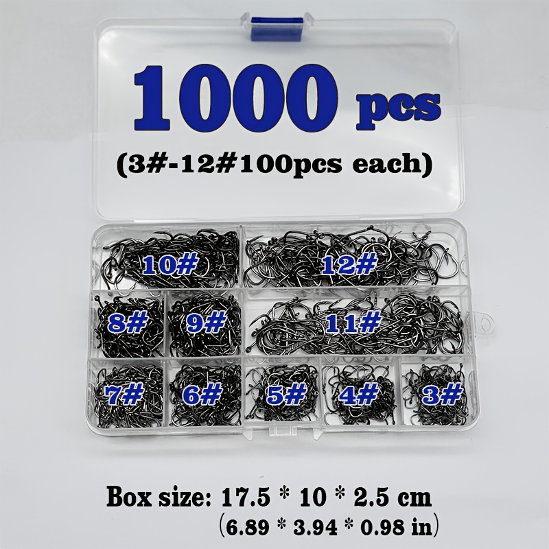 TEMU Set di 1000 ami da pesca in acciaio ad di carbonio - con manicotto , 10 misure (3#-12#), 100 pezzi per misura, assortimento di ami per pesci e