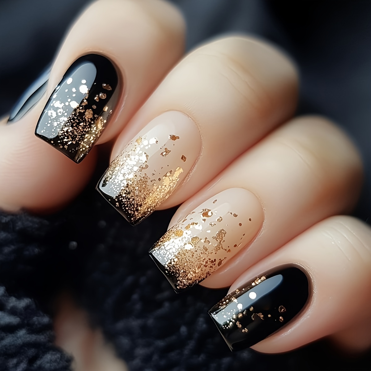24pcs Medium Square Golden Glitter Short Almond Nail Set | Elegant Black And Golden Glitter Design For Parties, Dances Casual Attire - Party Nails Art, Glossy Finish, Nail Polish Art