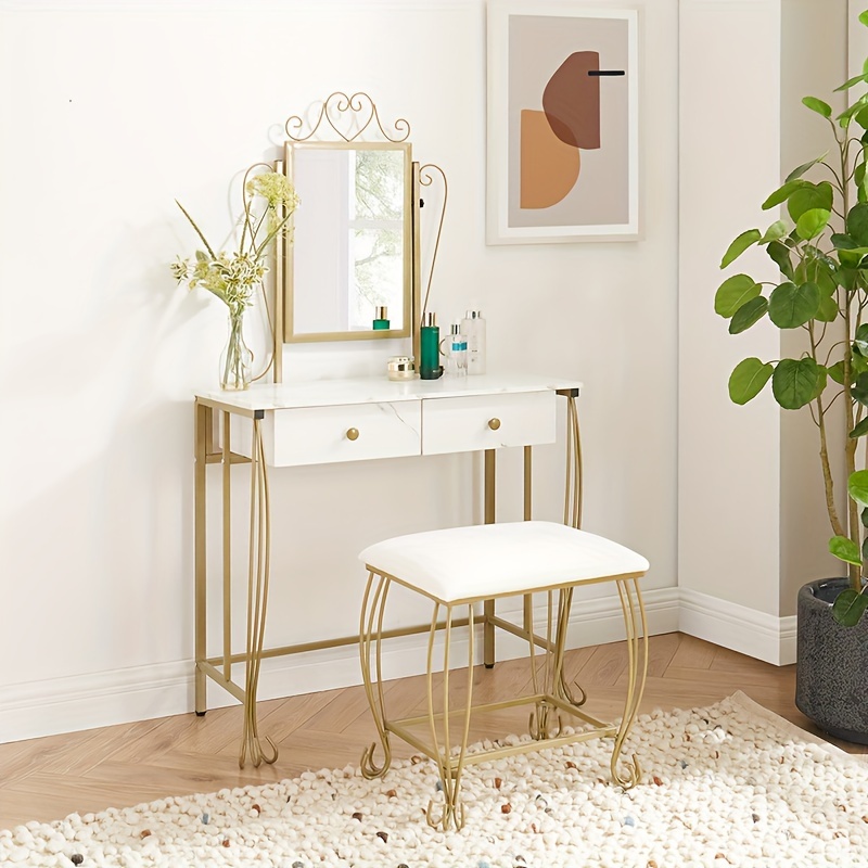 

Makeup Vanity Desk With Mirror, Makeup Vanity Set With Drawers, Small Makeup Vanity Table, Dresser Desk And Cushioned Stool Set For Bedroom White And Gold