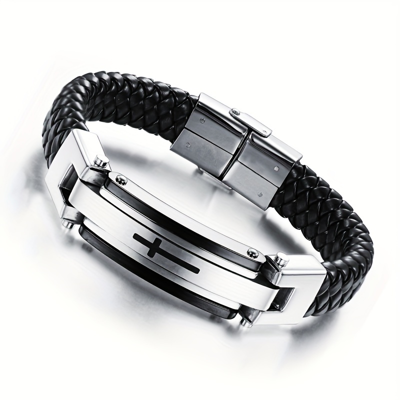 High Quality Men's 304 Stainless Steel Christian Cross Genuine Leather Fashionable Bracelet Jewelry