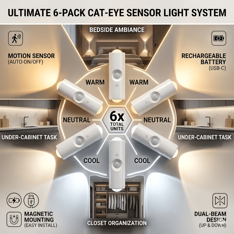 TEMU 6-pack Led Motion Sensor Light Indoor Dual-head Cat- 3-color Adjustable/ Rgb Lighting Usb Rechargeable Magnetic Mounting Motion Sensor Switch