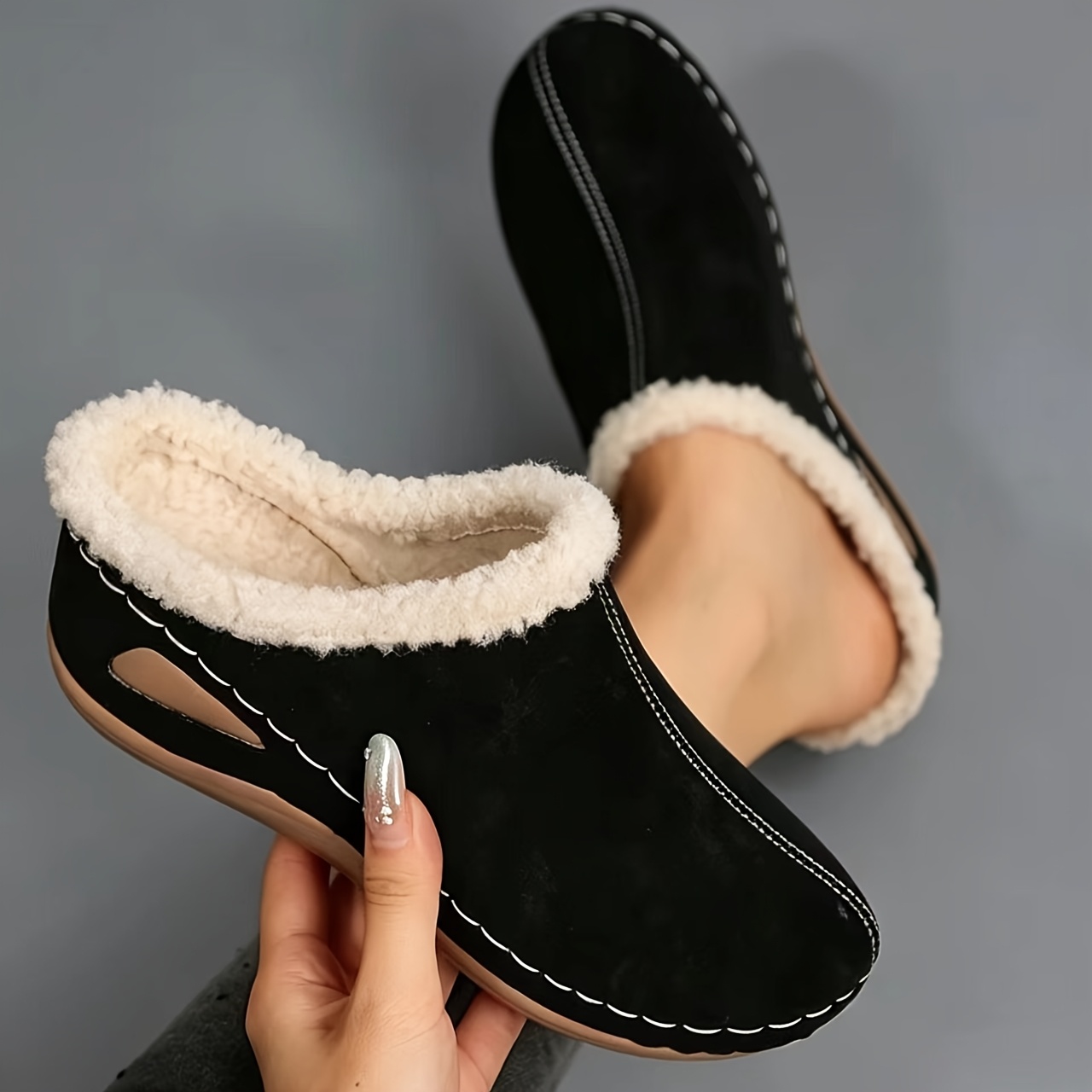 TEMU European And American Wide-toe Autumn/winter Women's Fashionable And Comfortable Wedge-heel Solid-color Slippers Wide Fit Shoes