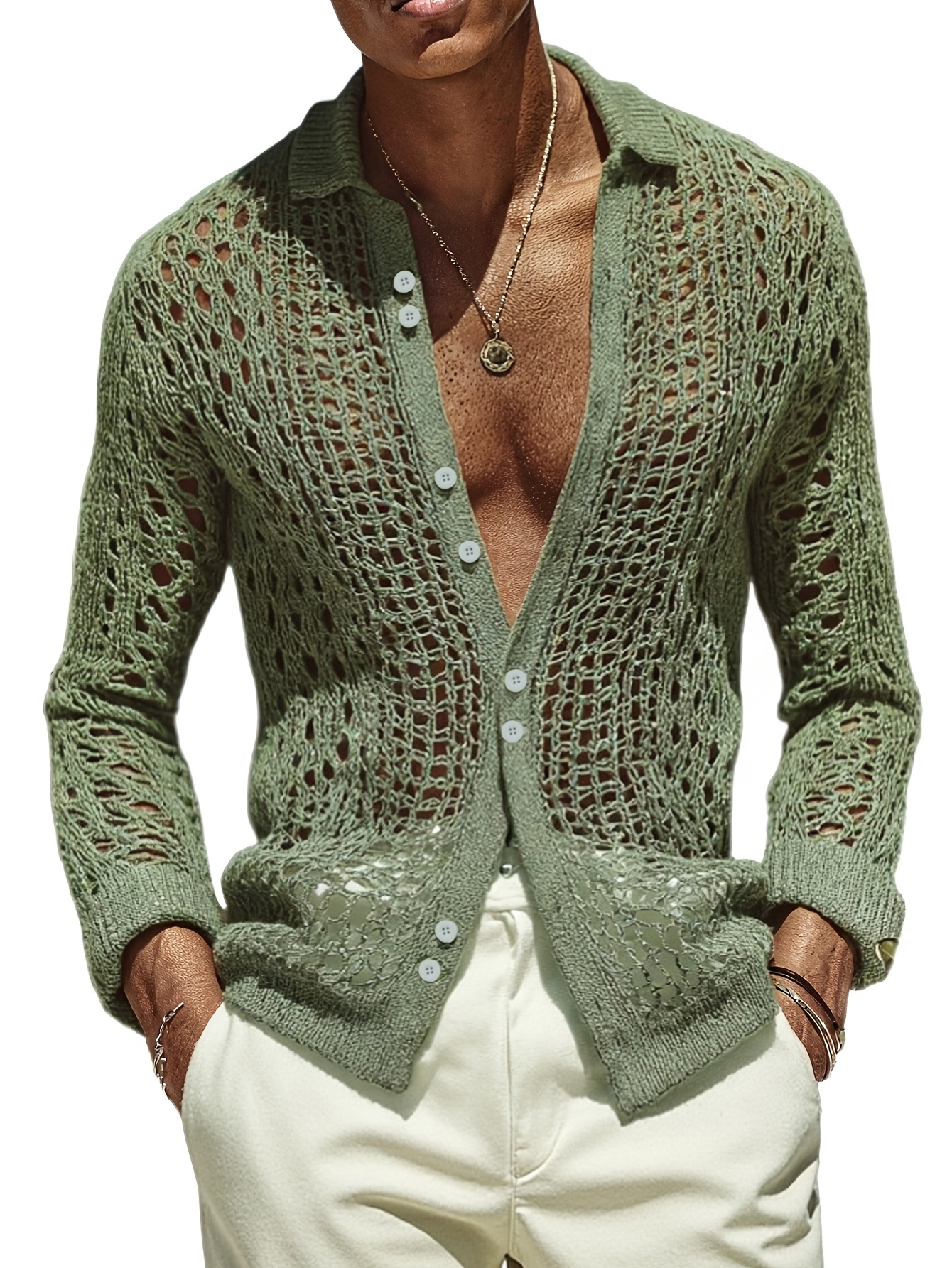 Men's Knitwear, Bean Green Hollow-out Knit Cardigan, Lapel & Single-breasted Design, Breathable & Casual, with a Relaxed Vacation Vibe