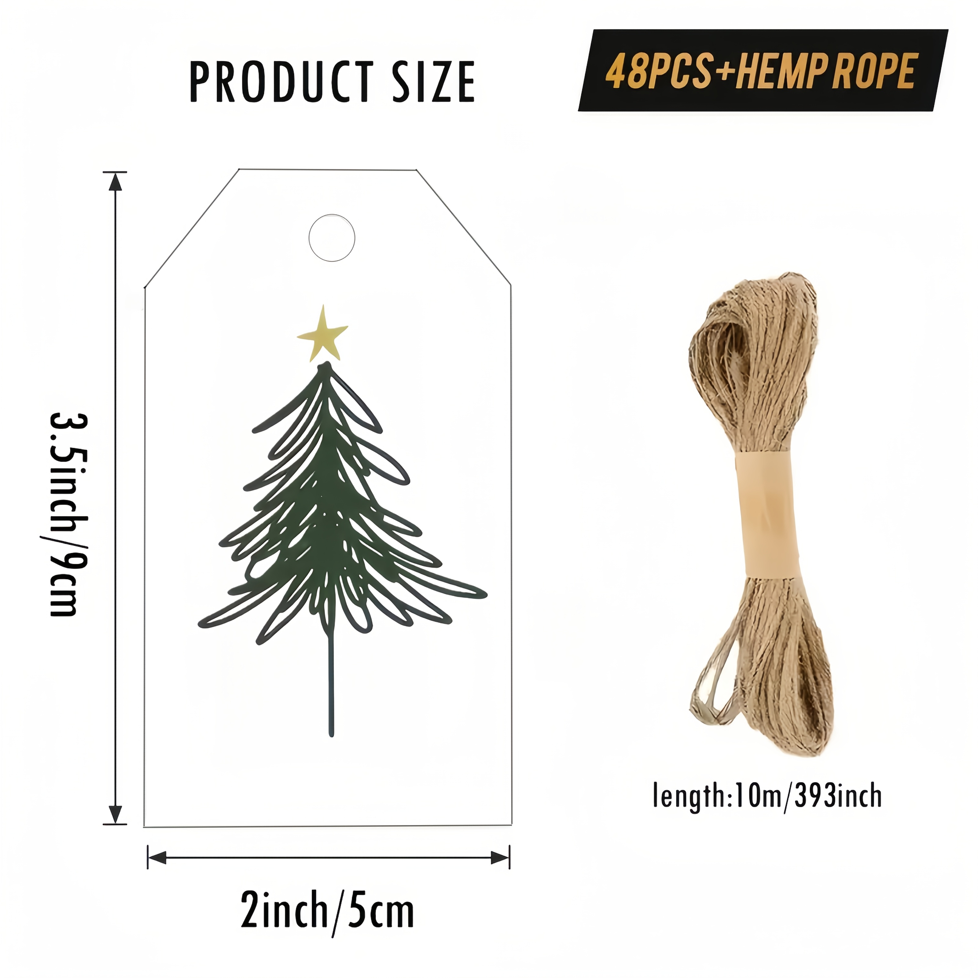 TEMU 48pcs Pack Christmas Gift Tags With Hemp Rope & Twine Ribbon - Tree & Star Shapes Suitable For Holiday Decorations, Paper Tags With Hemp Rope