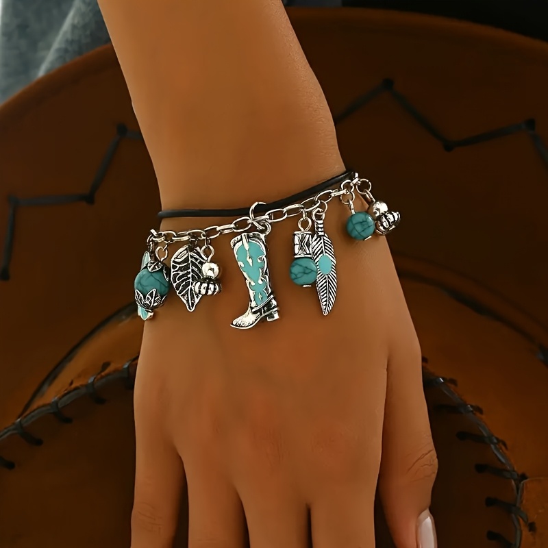 TEMU A European And American Bohemian Style Boots Feather Pendant Double Layer Stacked Bracelet Hand Ornaments Women's Fashion Temperament Bracelet