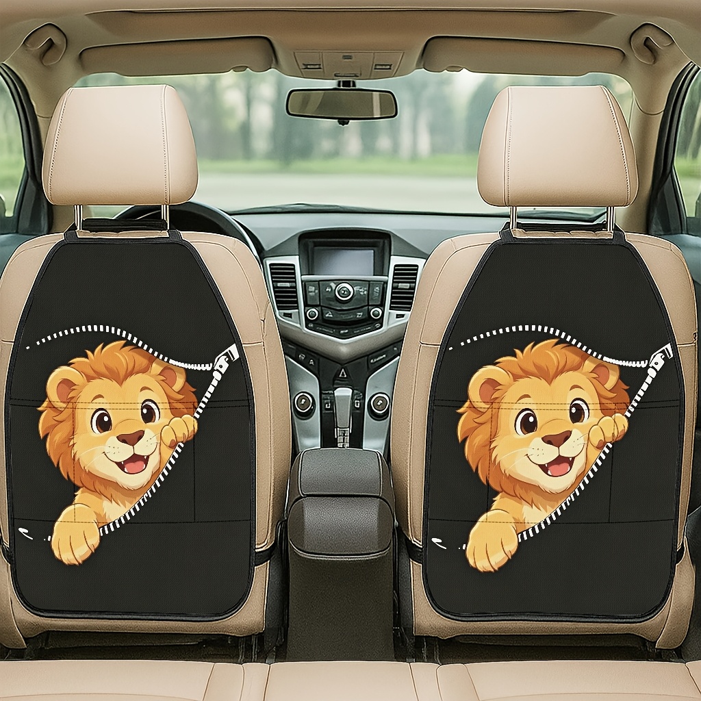 TEMU Lot de 2 protège-dos de siège de voiture imprimés en 2D - Petit lion qui jette un œil avec fermeture éclair, protège-dos de siège de voiture à