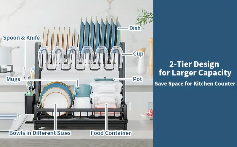 large 2 tier dish drying rack for kitchen counter detachable large capacity dish drainer organizer with utensil holder dish drying rack with drain board plate silverware pots and pans drying rack for kitchen Product details 3