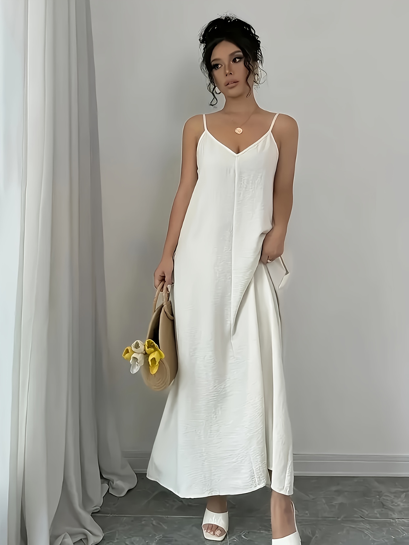 Brandy Melville Colleen Dress A Solid Color Adjustable Strap Loose White Long  Dress Women Temu United