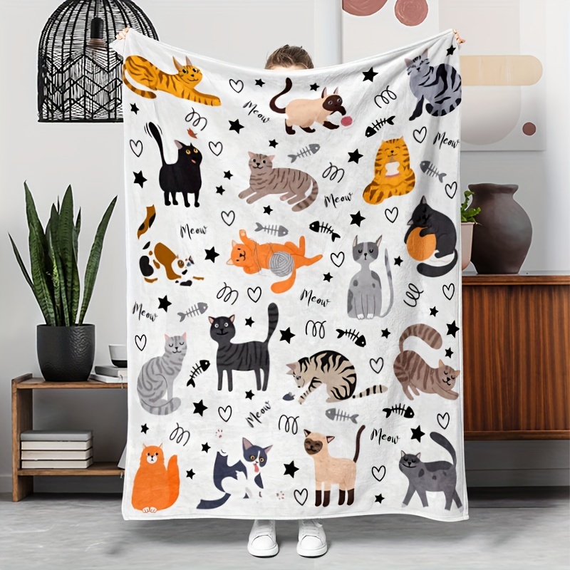 

1pc Cute Cat Print Flannel Blanket, , Anti-tear, Hypoallergenic, Throw For Home, Kitchen, Bed, Couch, Camping, 200-250g Polyester Knit, , Gift For