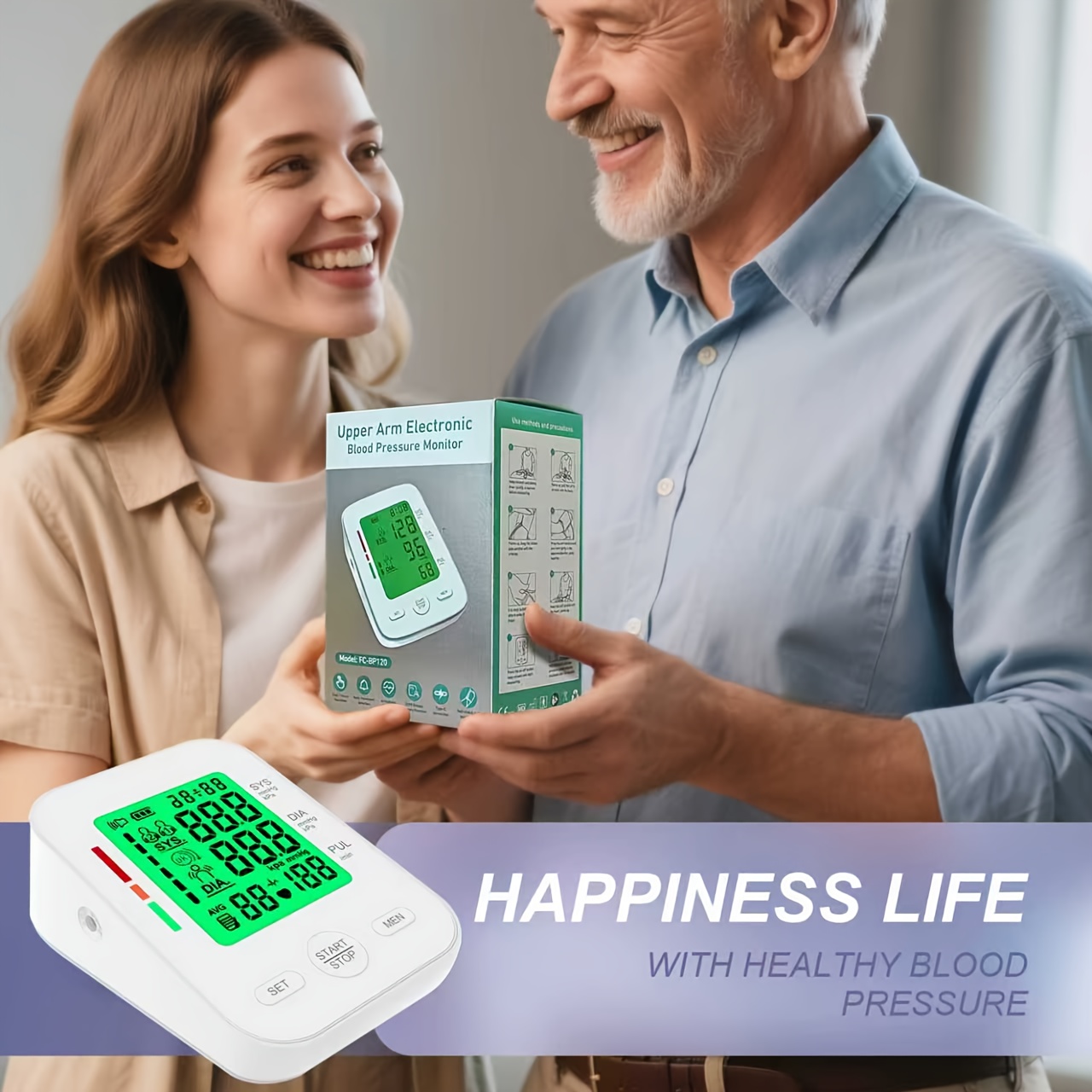 Fully Automatic Upper Arm Blood Pressure Monitor with Adjustable 22–42cm Cuff, Large LCD Display, 2 × 99 Memory, Heart Rate Monitoring, Positioning Guidance (Measuring Pose Reminder), 60‑Second Readings, Battery or USB Powered, Home Use & Elder Care