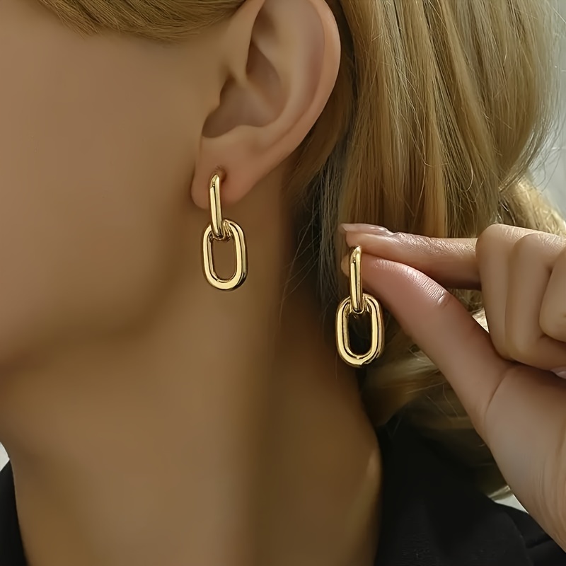 

14k Golden Plated Iron Earrings For Women, Simple Boho Style Hollow Geometric Design, Fashion Daily Wear Stud Earrings, No Stone Detail, Versatile For All Seasons