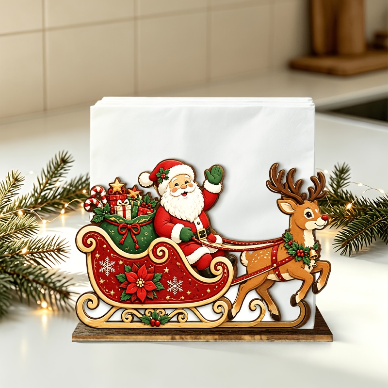 TEMU Santa Claus Sleigh Wooden Napkin Holder, Reindeer- Sleigh With Gifts Desktop Tissue Box, Christmas Family Dinner Home Decor Holiday Tabletop