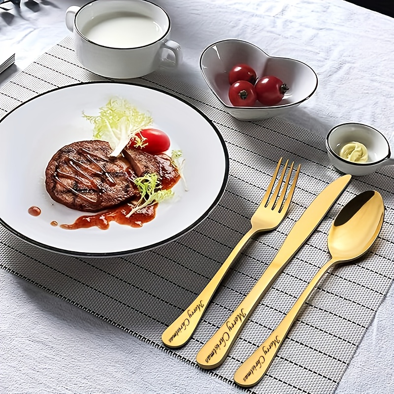 4pcs customized unique stainless steel cutlery set knife fork and spoon set recording   wedding gift for   suitable for wedding wedding anniversary anniversary birthday holiday christmas gift golden Product details 1