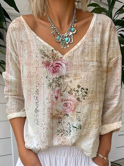 plus size plus size cross border fashion new plus size floral print v neck long sleeved shirt
