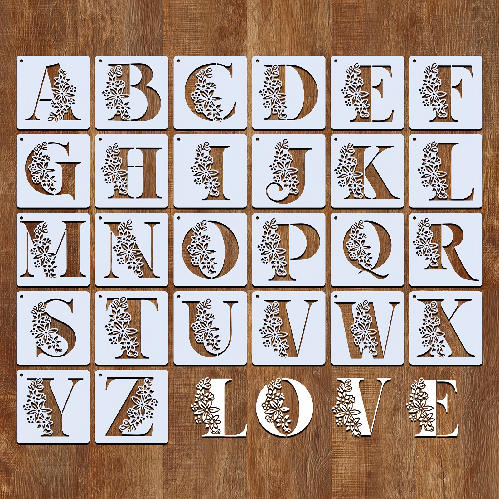 

26pcs Floral Alphabet Stencil Set, 3.9" Reusable Letter Templates For Diy Crafts, Wood, Wall, Fabric & Rock Painting - Ivory Plastic Art Supplies