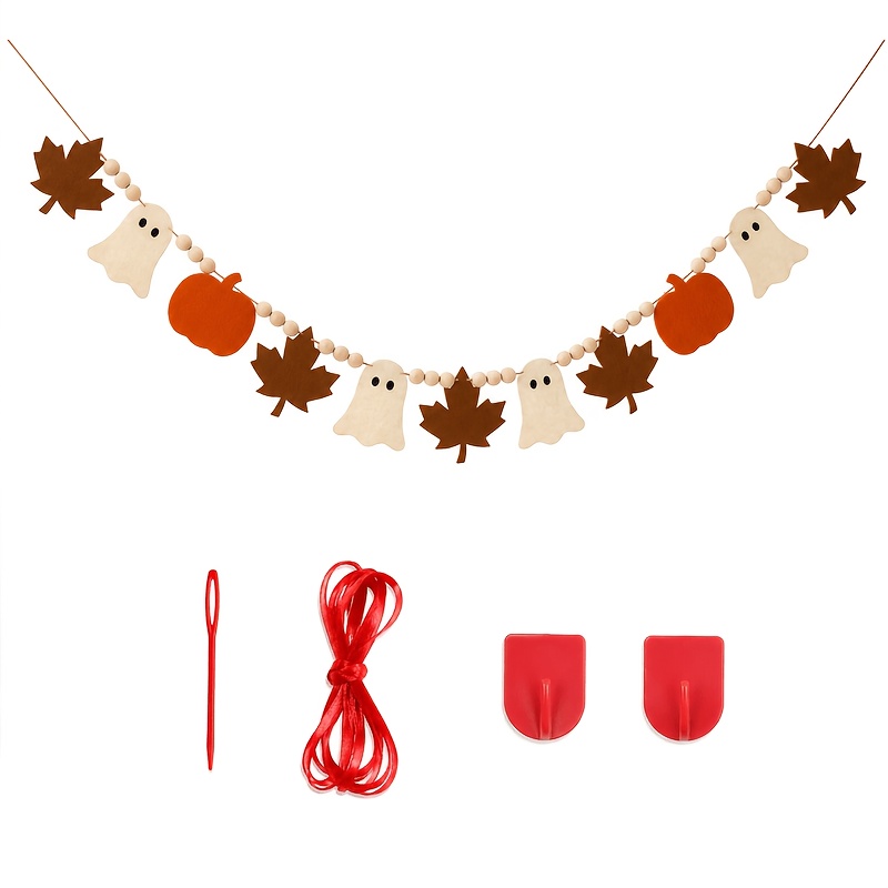 Image of Halloween Fall Felt Garland With Wooden Beads, Pumpkin Maple Leaf Hanging Banner, Rustic Farmhouse Wall Decor For Fireplace Mantel, Indoor Home Halloween Thanksgiving Party Decorations