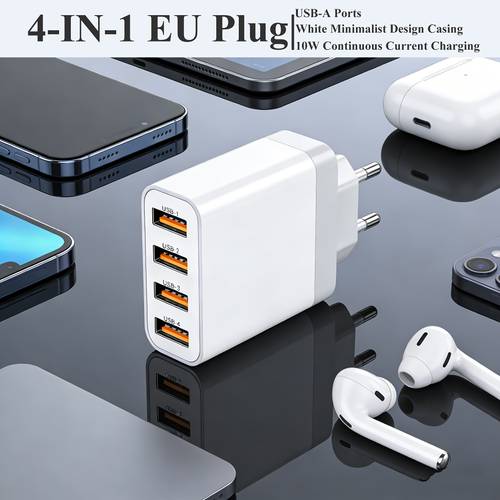 adaptateur 1 avec 4 ports usb-a, charge centralisée, prise européenne, sécurisé 5v 2a, compatible avec iphone, et casques