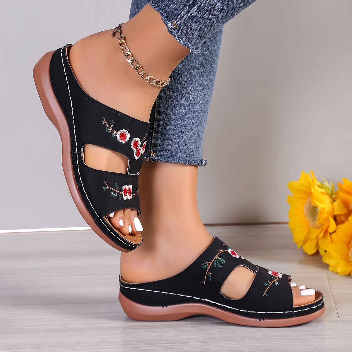 womens flower pattern wedge sandals casual open toe summer shoes comfortable slip on sandals details 0