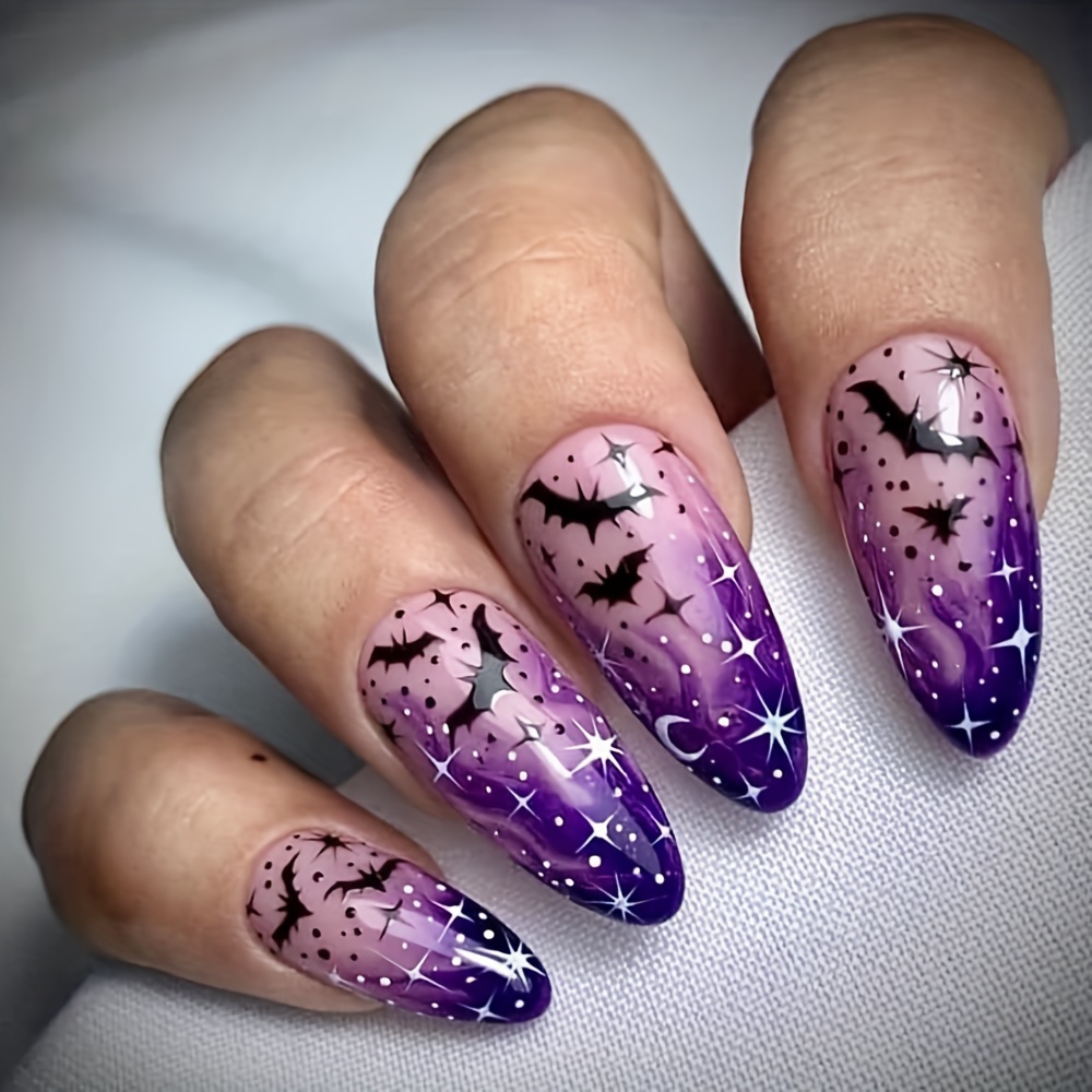 

24 Pcs Press On Almond Shaped Nails, Purple Halloween Theme With Bats And Stars, Mid-length Glossy Finish Fake Nails Set