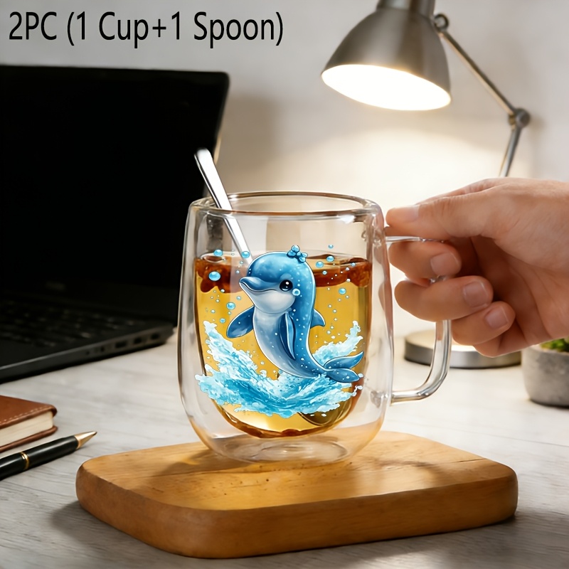 TEMU 2er-Set (1 Glasbecher + 1 Löffel), Isolierter, doppelwandiger Borosilikat-Glas-Wiederverwendbarer Wasserglas mit Griff, Großer, durchsichtiger