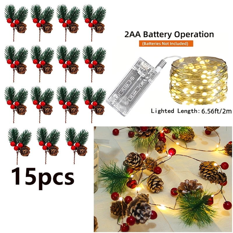 TEMU 15 Realistic Pinecones, Including 1 String Of Lights With 30 Leds, Perfect For Indoor Christmas Decorations. Battery Powered (aa Batteries Not
