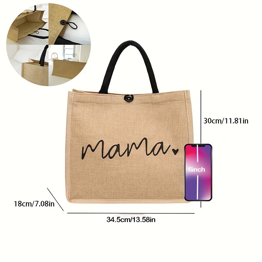 mama letters print tote bag fashion burlap shoulder bag portable travel picnic bag shopping bag gift for womens day details 5