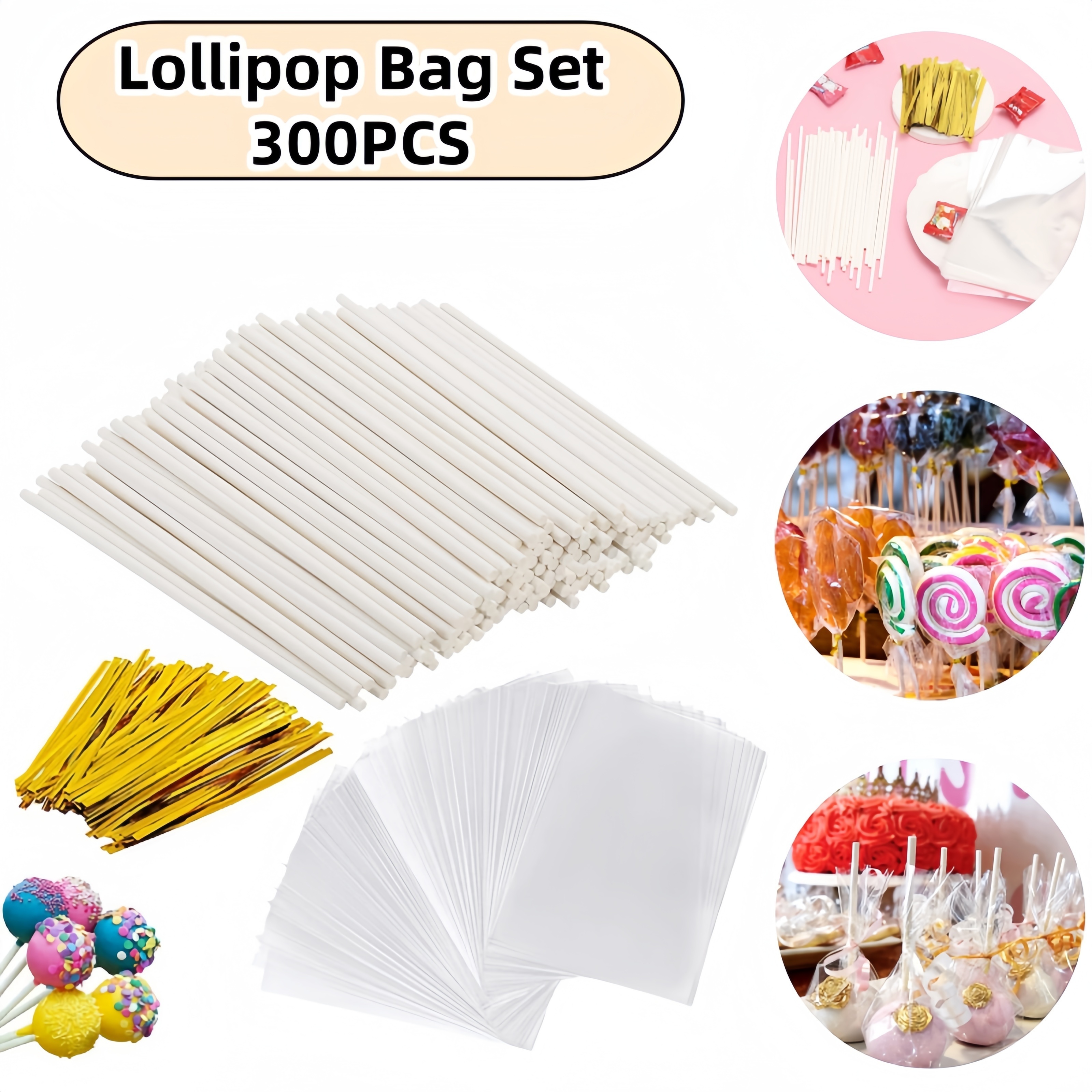 

300-piece Lollipop And Cake Pop Making Set With 100 Plastic Treat Bags, 100 Paper Sticks, 100 Golden Twist Ties – Clear Candy Packaging Bundle For Bakeries, Home Use, Christmas, , Parties