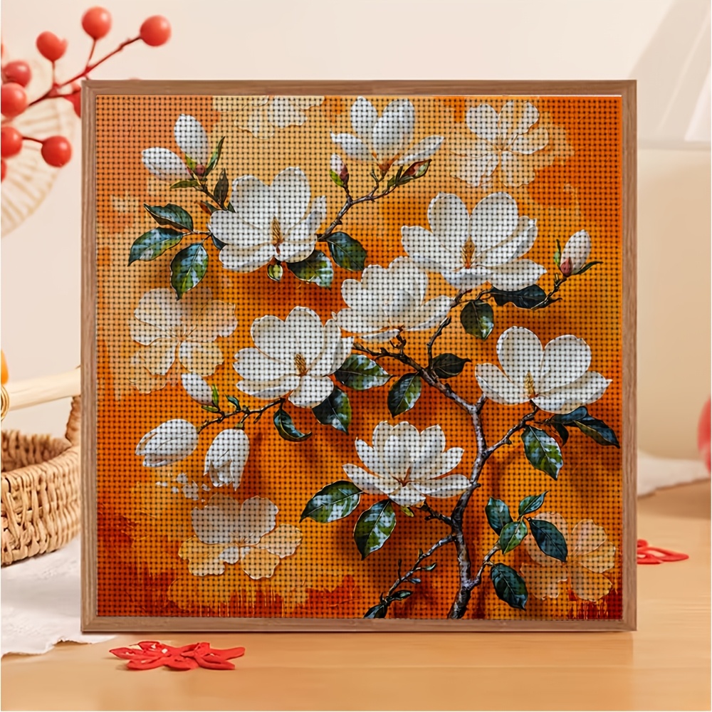 DIY Cross-Stitch Printed Kit, "White Magnolia on Orange Background" Pattern