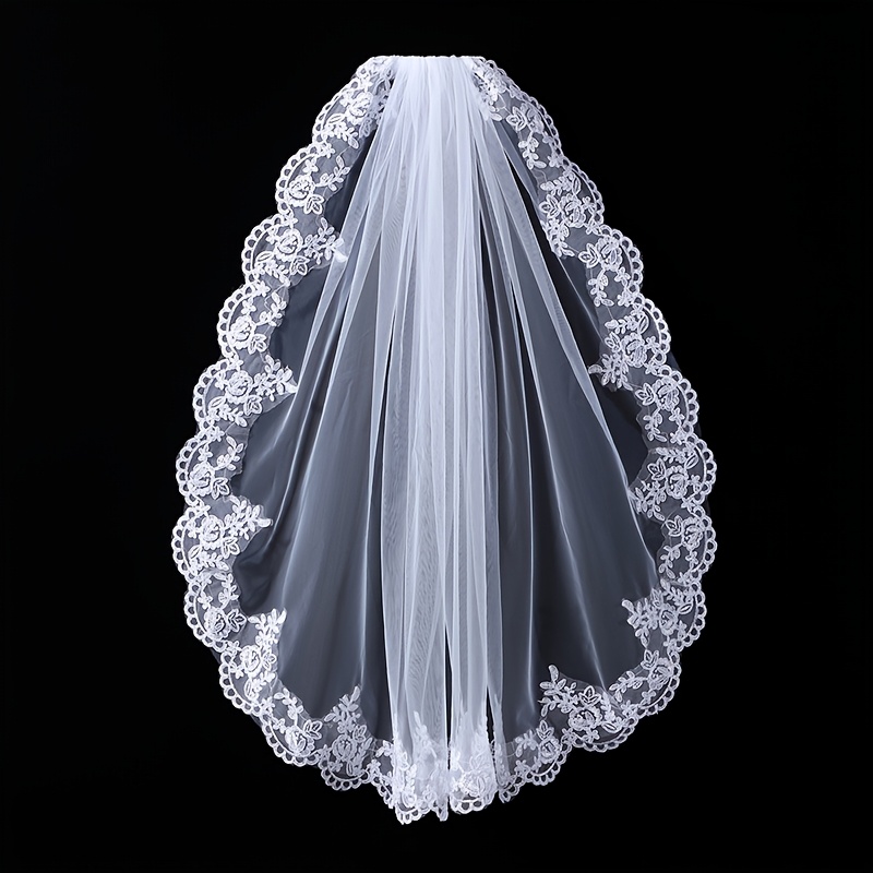 TEMU 1pc Of White Bridal Veil, 31.5in Veil, Bridal Main Wedding Headdress, Mid To Long Style, Beautiful Lace, High-end Feeling, French Wedding Hair