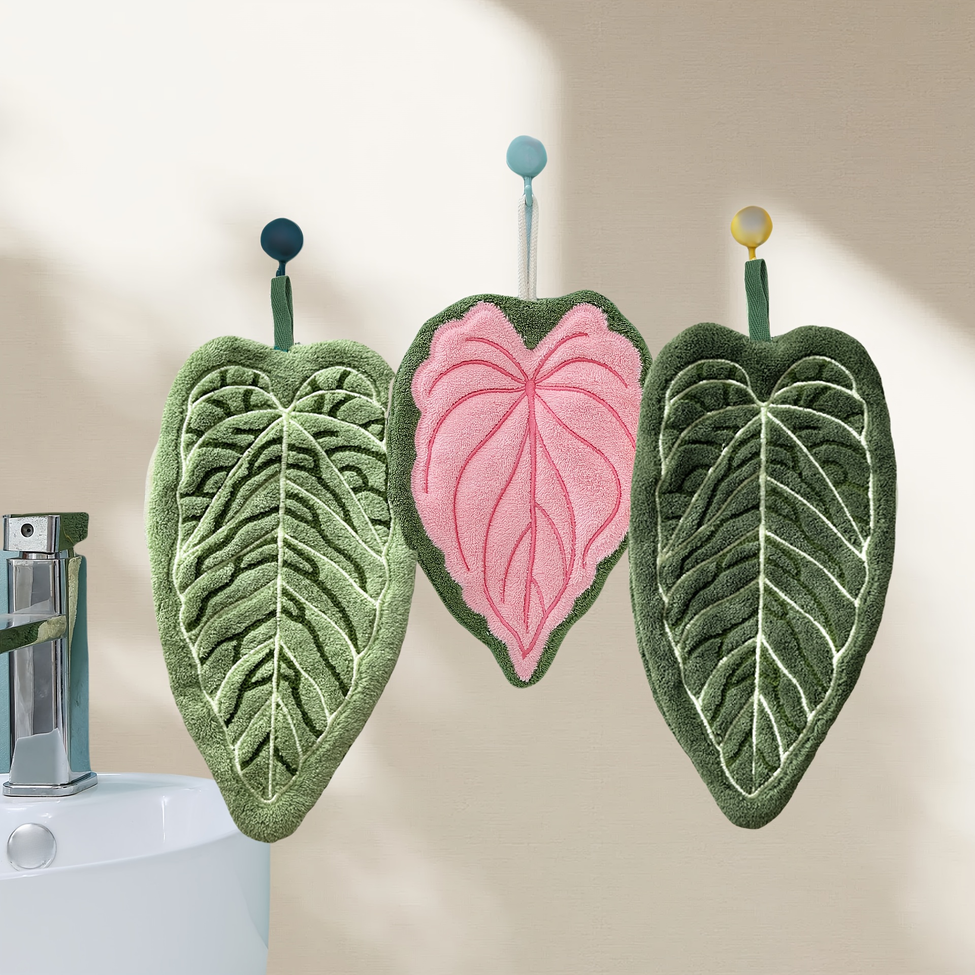 Image of 2/3pcs Coral Fleece Hand Towels, Plant Leaf Design, Hanging Convenient, Strong Absorbency And Quick Drying, Cute And Soft, Kitchen Bathroom Hand Towels, Christmas, Halloween