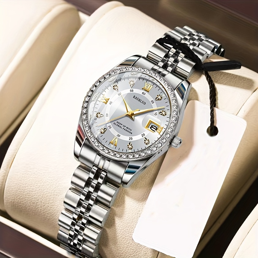 KASRLUO Women's Stainless Steel Quartz Watch with Luminous Rhinestone Date Display, Blue Dial & Golden-Tone Band - Elegant Business Style, Casual Elegance | Elegant Timepiece | Luminous Dial