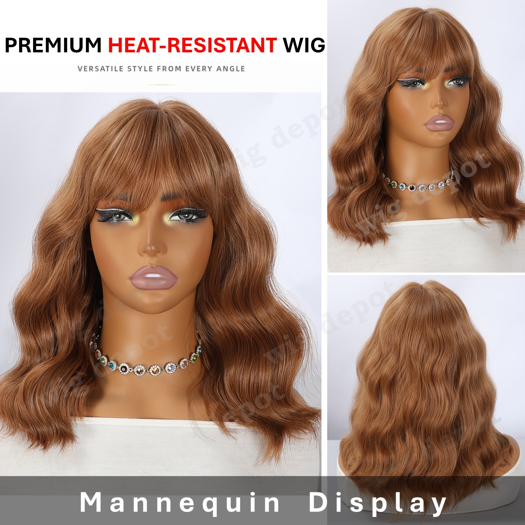 womens short wavy bob wig with bangs suitable for   realistic light brown caramel blonde synthetic hair heat resistant glueless machine made   free natural looking wig for daily wear work special occasions