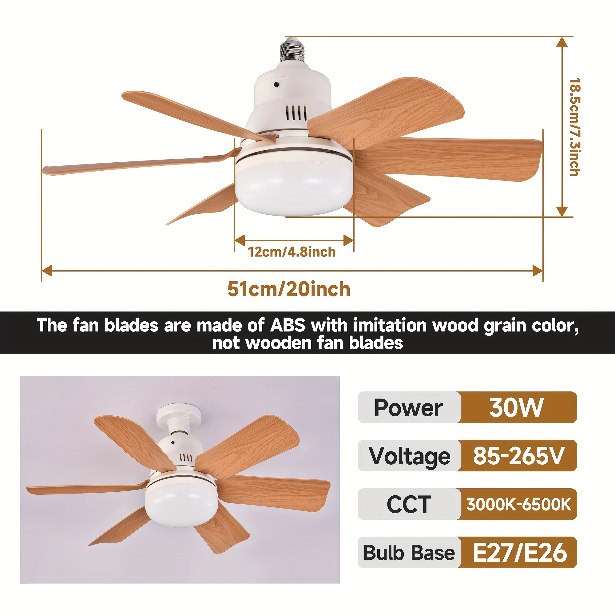 WRYBV 17 Inch Screw-In Ceiling Fan With Light – Remote Control, 4 Speeds, 3 Color Temps (3000K-6500K), Dimmable LED, 1200 Lumens