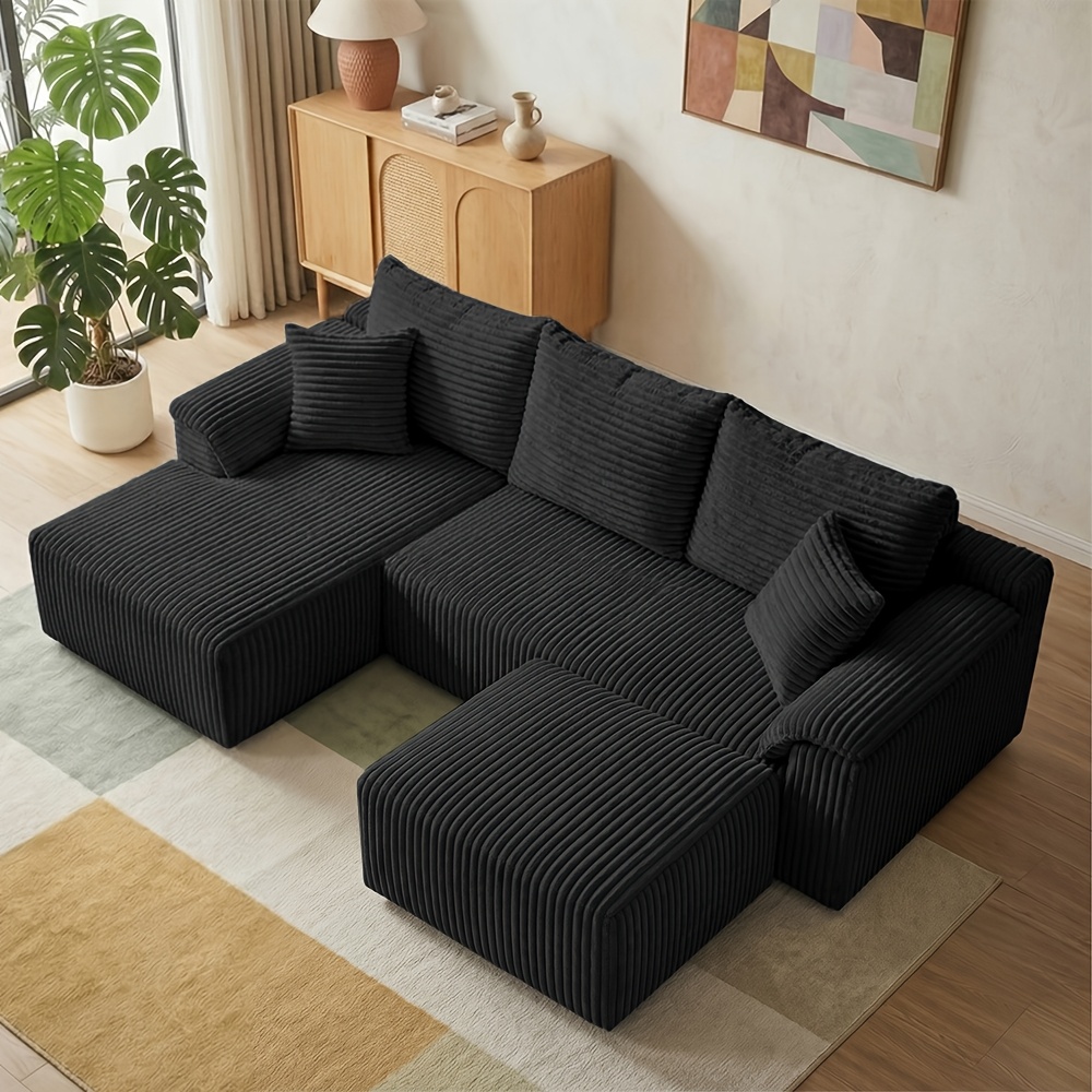 Image of 103 Inch Modular Striped Corduroy Sectional Sofa 3pcs Set With Ottoman, Frame Less Free Combination Corner Couch, Oversized Comfy Deep Seat Compression Cloud Sofa For Large