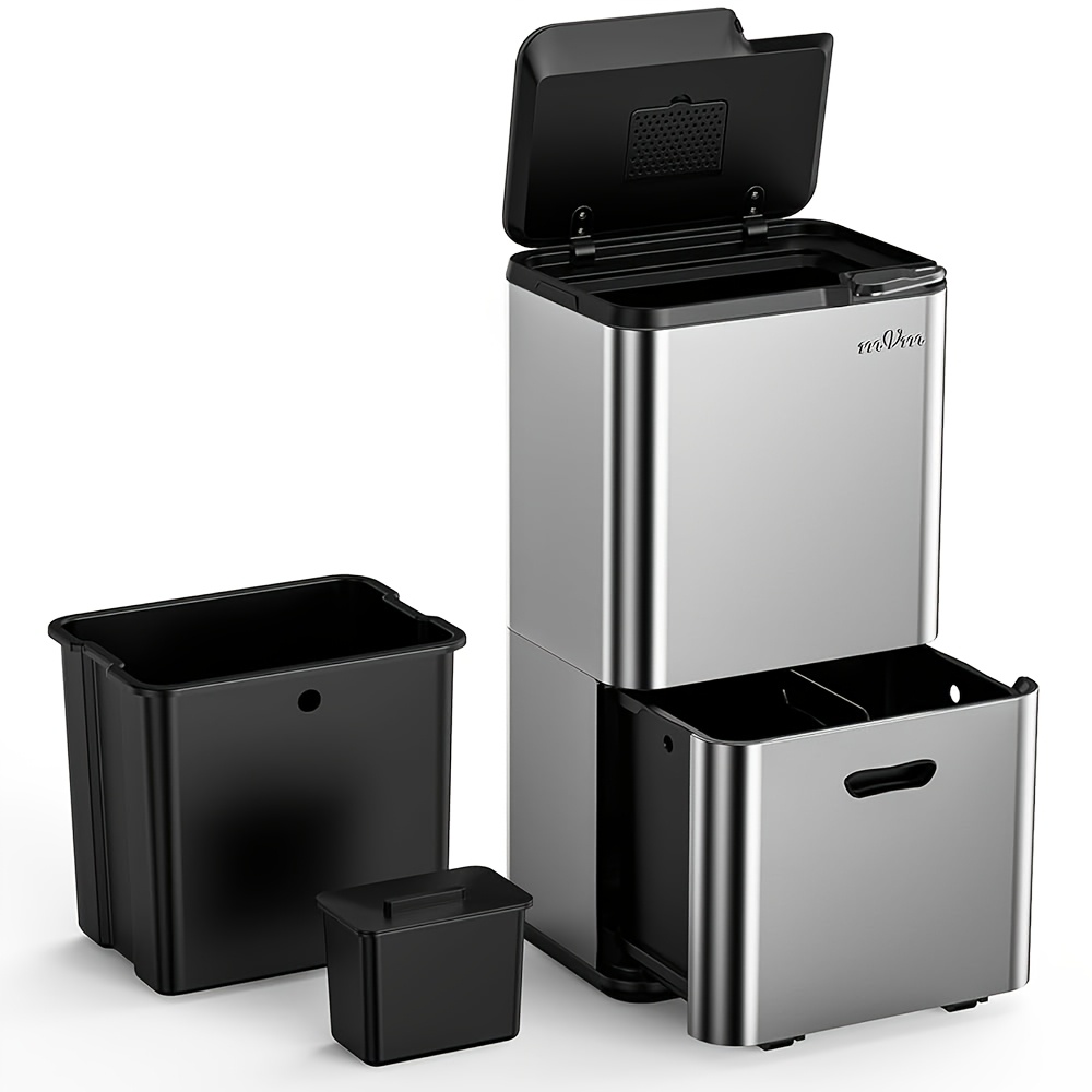 TEMU Mvm 63l Kitchen Trash Can, Double Compartment (32l + 28l), Stainless Steel, Suitable For Sorting Various Types Of Waste, Heavy-duty, For Homes,