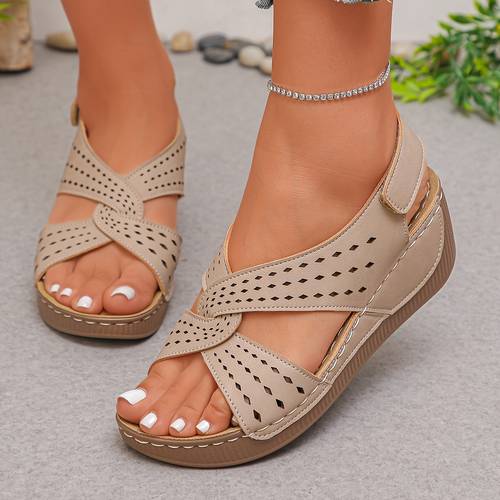womens beige slip on platform sandals with thick wedge heel sole breathable open toe suitable for weddings daily wear outdoor lightweight hand stitched outsole for summer women shoes