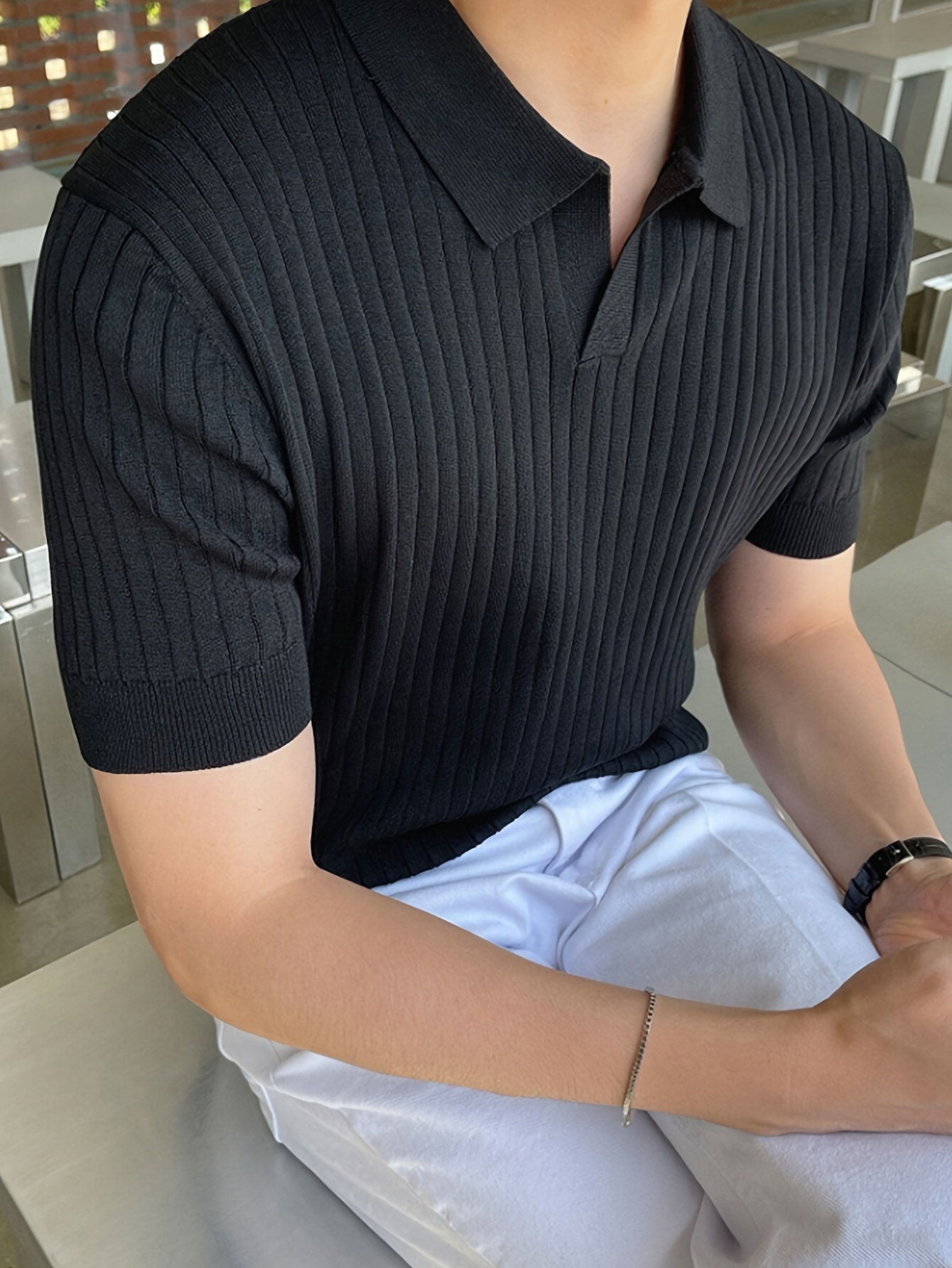 mens solid knitted short sleeve shirt ribbed texture short sleeve v neck lapel shirt casual fashion summer top details 4