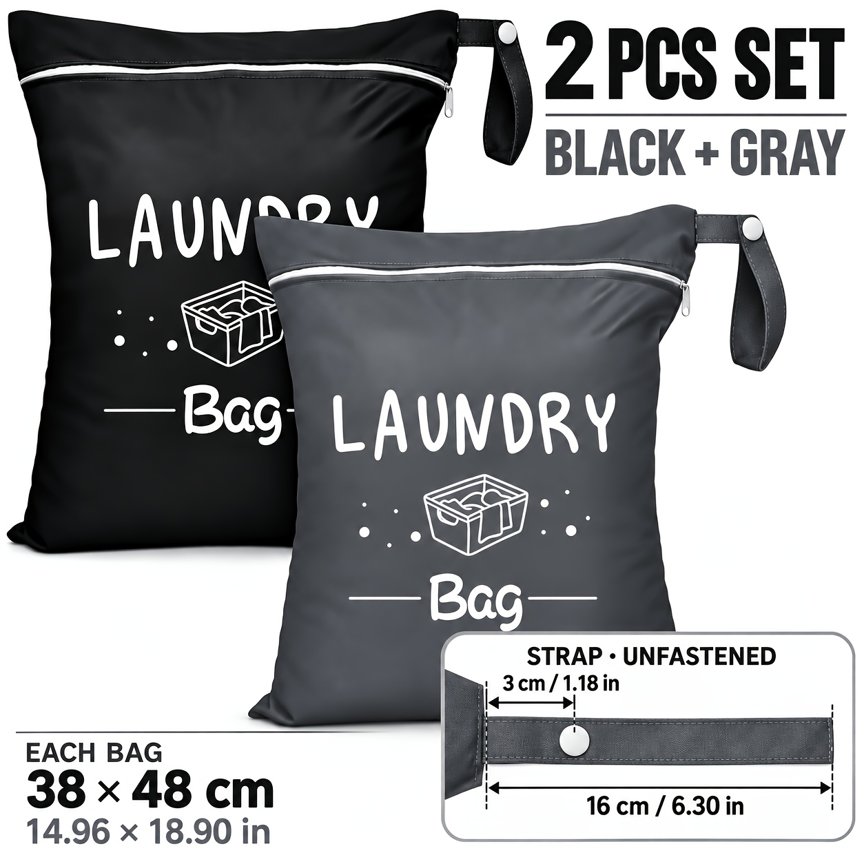 TEMU 2-pack Black And Gray Laundry Bags, Adjustable Handles And Zipper Closure, Durable Polyester, Machine Washable, Perfect For Travel, Gym, Yoga,