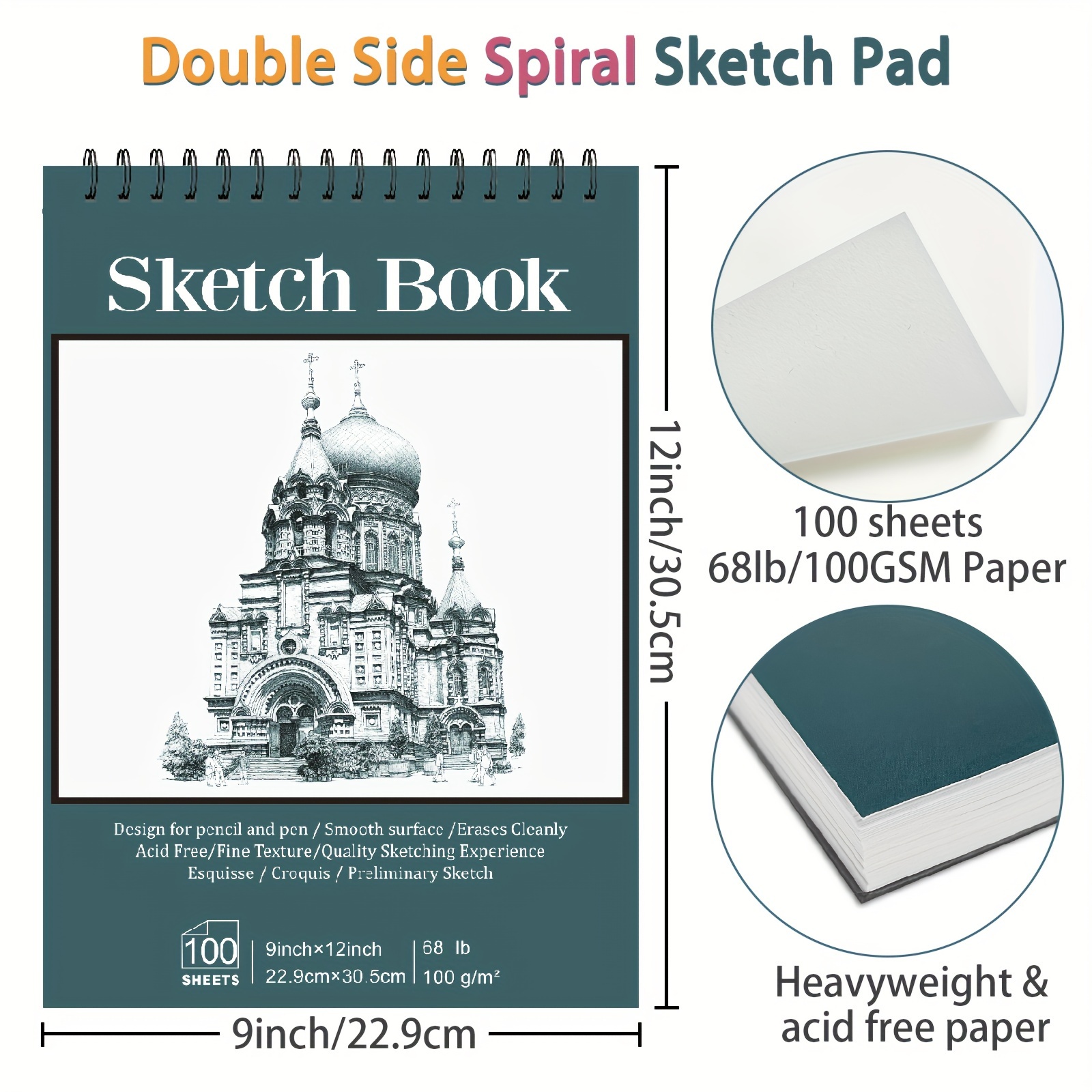 9 x 12 inches Sketch Book, Top Spiral Bound Sketch Pad, 1 Pack 100-Sheets  (68lb/100gsm), Acid Free Art Sketchbook Artistic Drawing Painting Writing