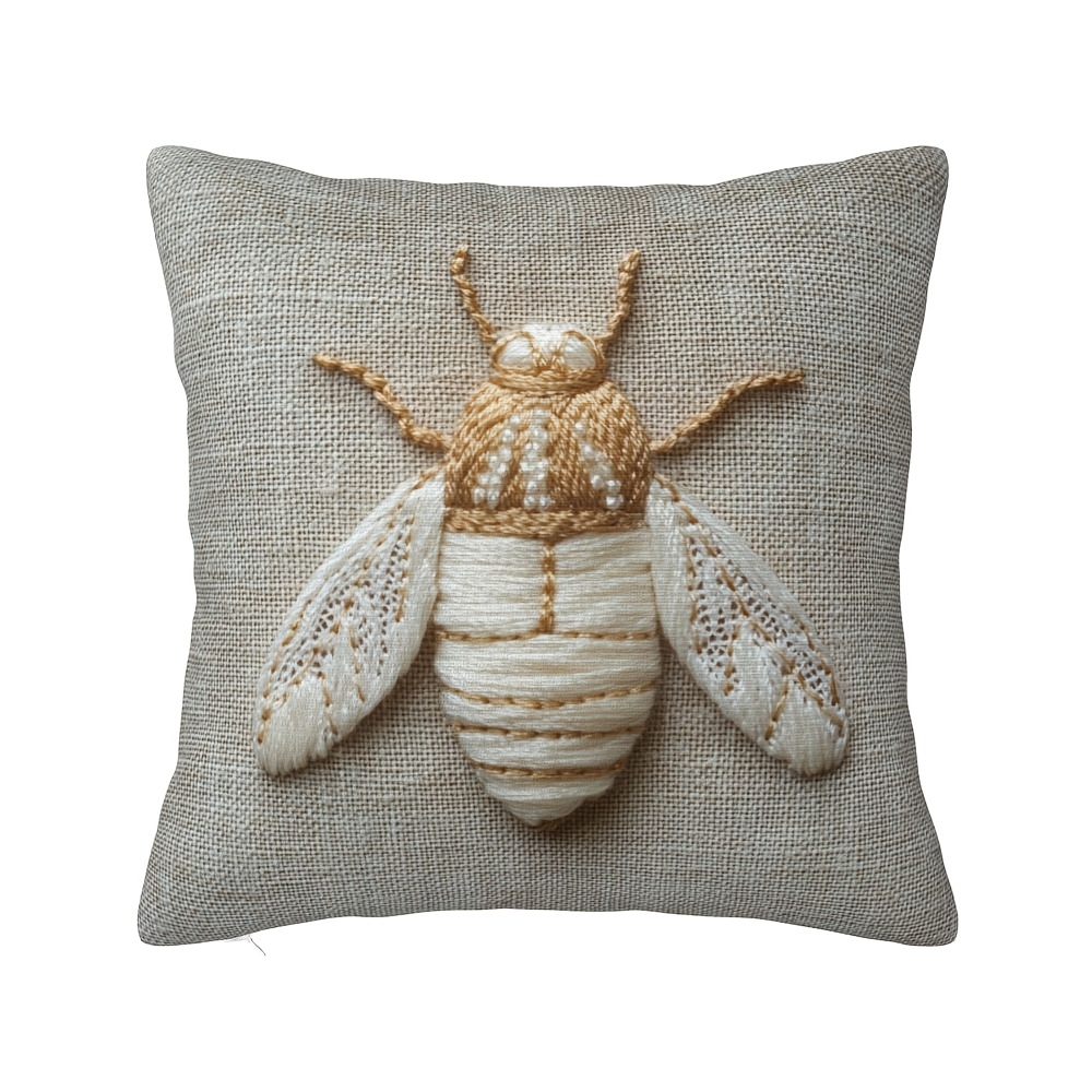 

1pc Throw Pillow Covers 18x18in, Artistic Bee With Wing Embroidery Print Pillowcase, Decor Cushion Short Plush Soft Couch Throw Pillows For Office, Home, Bedroom, Living Room