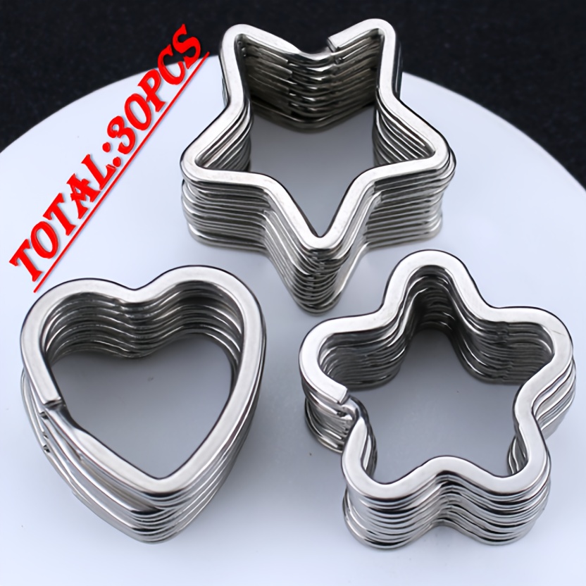 TEMU 30pcs Stainless Rings, Diy Car Keychain Accessories, Star, Heart & Flower Shaped Keyring Set For Jewelry Making And Crafts