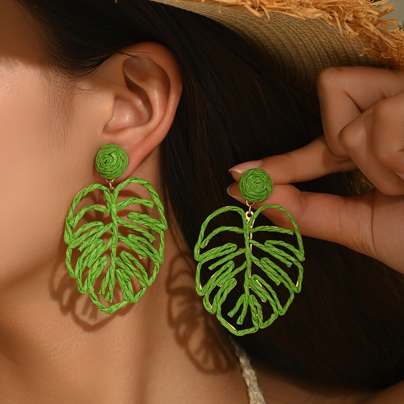 Bohemian Hand-Woven Raffia Hollow-Out Leaf Earrings