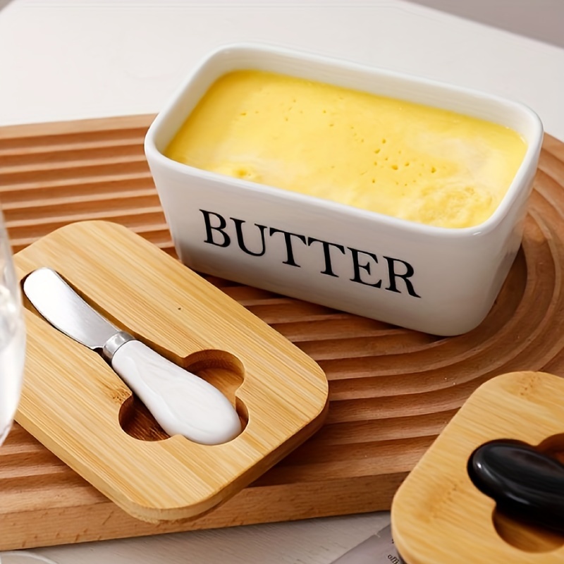 

1set, Ceramic Butter Dish With Lid And Knife Set, European Style Rectangular Sealable Cheese Container, Porcelain Butter Keeper, Farmhouse Kitchen Decor